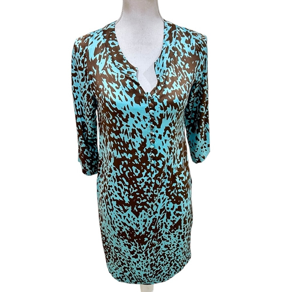 Joyce & girls 100% silk Brown & turquoise animal print 3/4 Sleeve Dress size xs